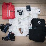 black hiking backpack near white Fujifilm instax mini camera near black leather boots, red half-zip jacket, gray pocket watch on white map
